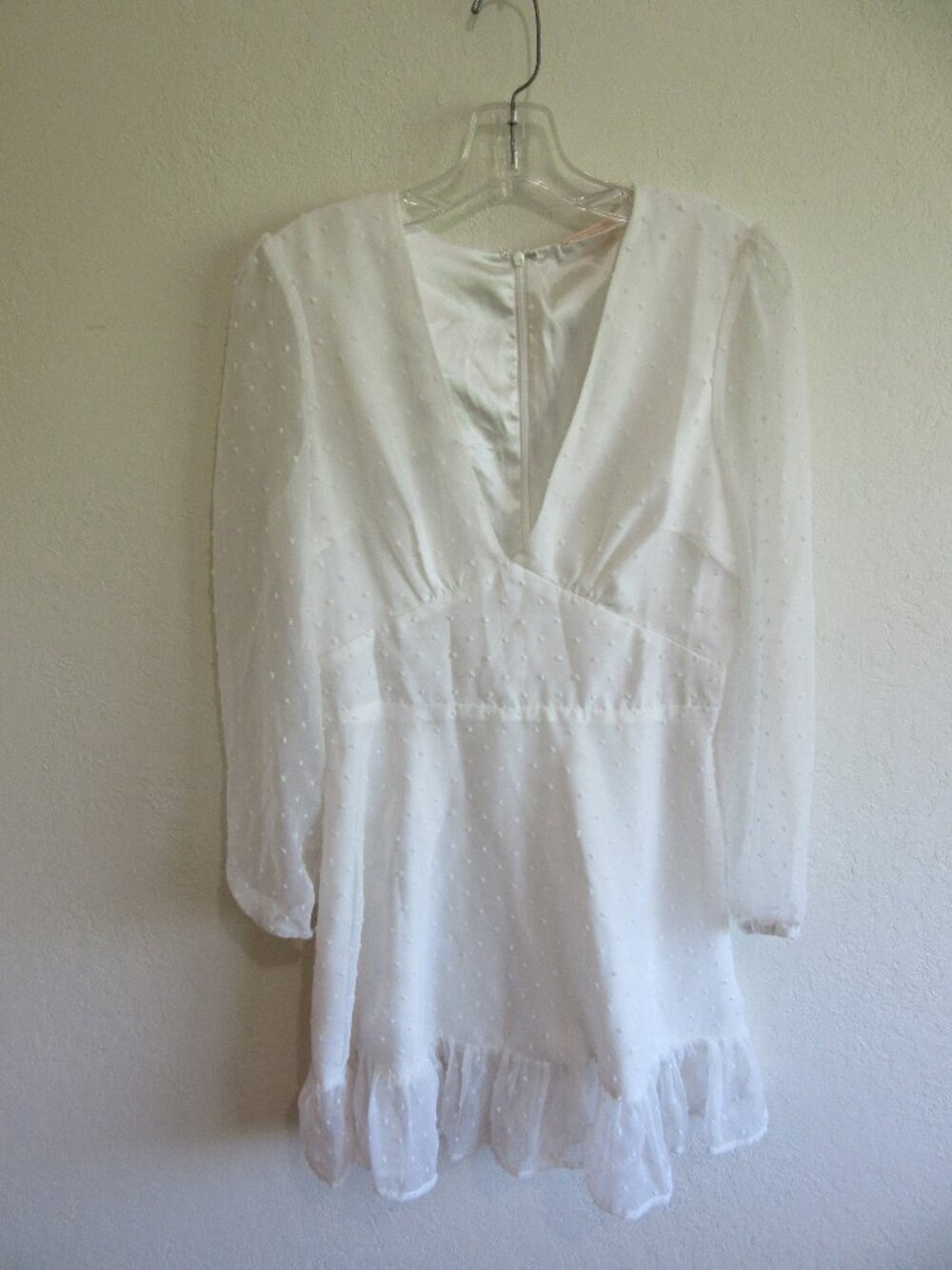 Showpo White Ruffled Hem 6 V-Neck Sheer Long Sleeve Dress